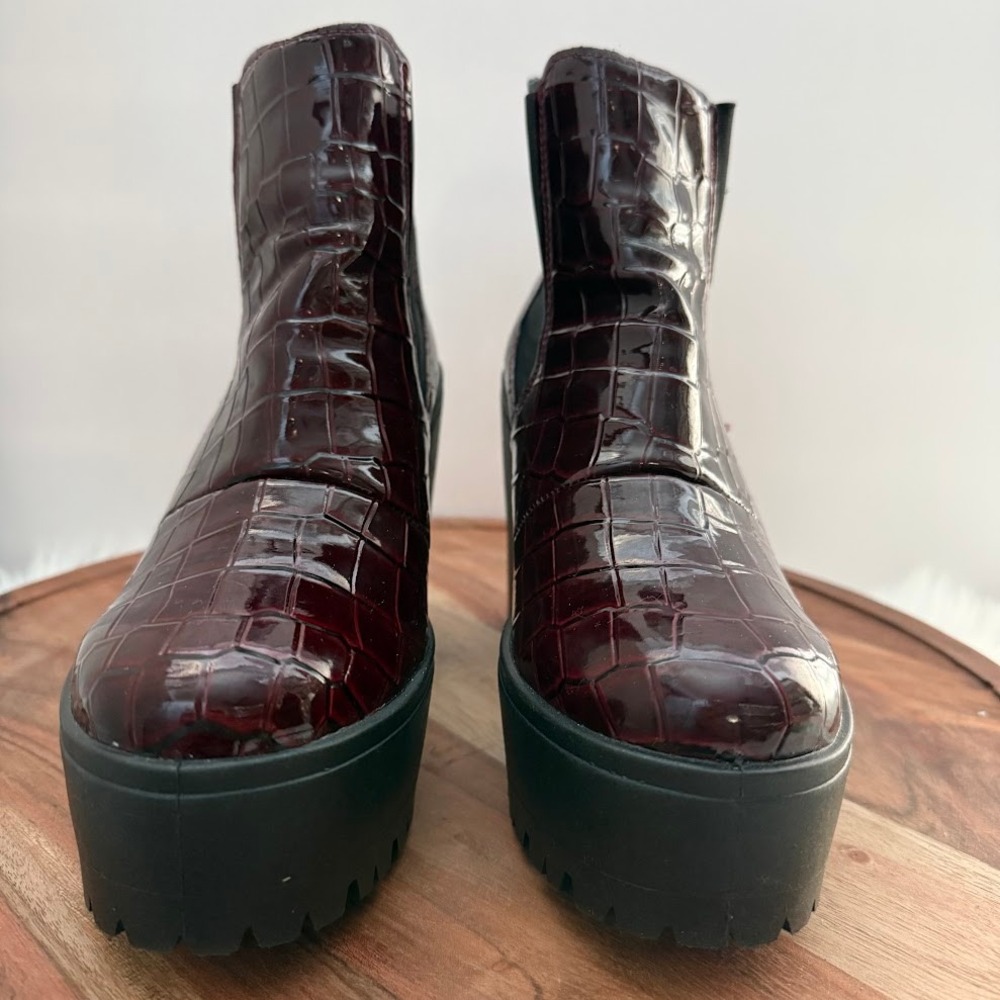 Topshop Made In Italy Chunky Platform Boots 5.5 Burgundy Croc Patent Goth View 2